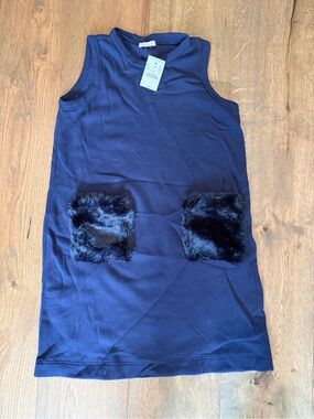Crewcuts Navy Sleeveless Shift Dress with Faux Fur Pockets